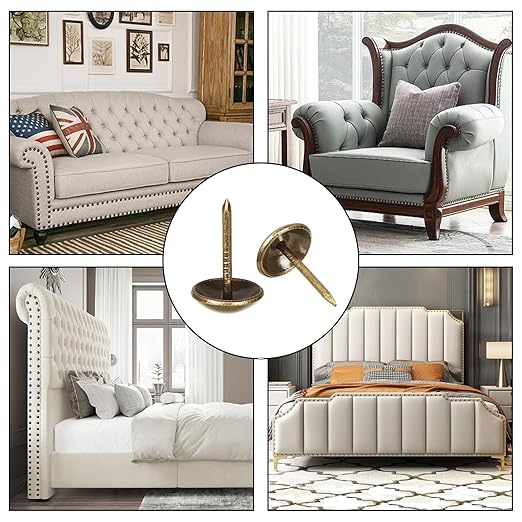 500Pcs Decorative Upholstery Tacks, 7/16” Antique Furniture Nails Pins, Brass Finish Metal Thumb Tack Stud Push Pins for Sofa Chair Bed Headboard, Upholstery Pin Assortment Kit for Furniture Décor