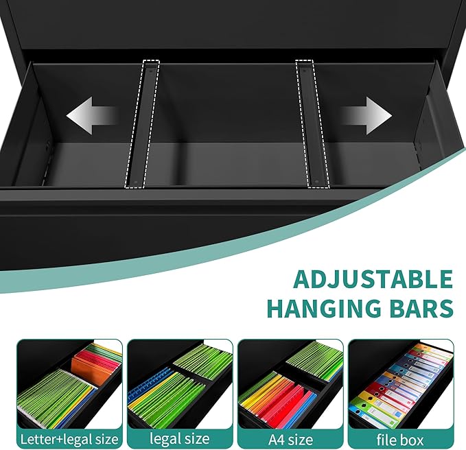 4 Drawer Lateral File Cabinet, Metal Filing Cabinets for Home Office, Steel Storage Wide File Cabinet for Letter/Legal/F4/A4 Size with Hanging Bars, Assembly Required (Black)
