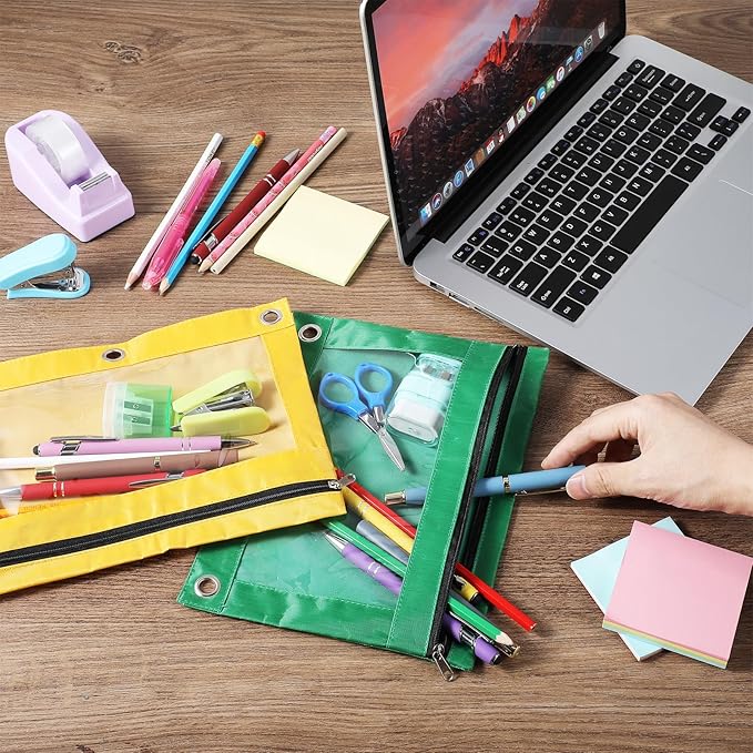 24 Pack Pencil Pouch for 3-Rings Binder, 3-Holes Zipper Pencil Pouches in Assorted Colors, Sturdy and Resuable Cloth Holder with Clear Window for Office Supplies