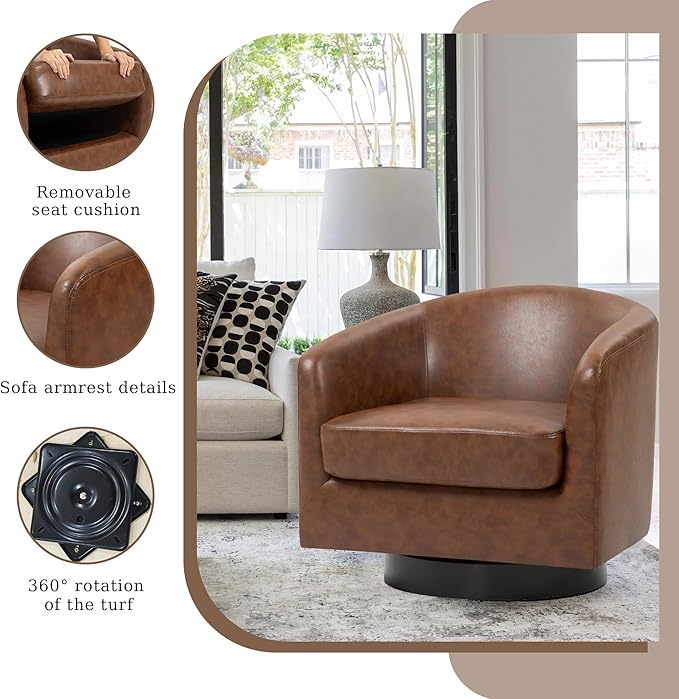 UIXE Faux Leather Swivel Accent Chairs Set of 2, Modern Upholstered Barrel Chairs for Living Room, Comfy Round Armchair Single Sofa Bedroom Reading Seat - 31" W, Coffee