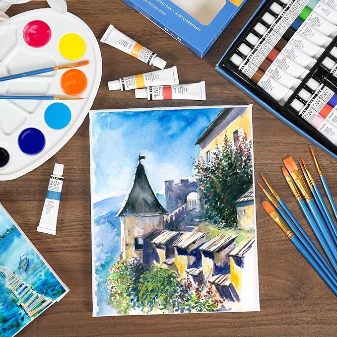 S & E TEACHER'S EDITION 120Pcs Painting Brushes, 12Pcs Paingting Palettes, 12Pcs Canvas Panels, Canvas Boards Bulk Value Pack for Classes and Parties, Total 144Pcs.