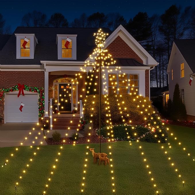 Christmas Tree Lights 340LED with Topper Star, IP67 Waterproof Remote Control Waterfall Lights with Pole, 16 Modes 3 Timers Dimmable Christmas Decorations for Outdoor Yard (Warm White)