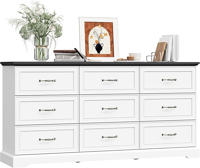 9 Drawer Dresser for Bedroom, 63" Wide Wooden Chest of Drawers, Rustic Farmhouse Dresser with Large Drawers & Metal Handles, Modern Storage Organizer for Closet, Living Room, Hallway, White