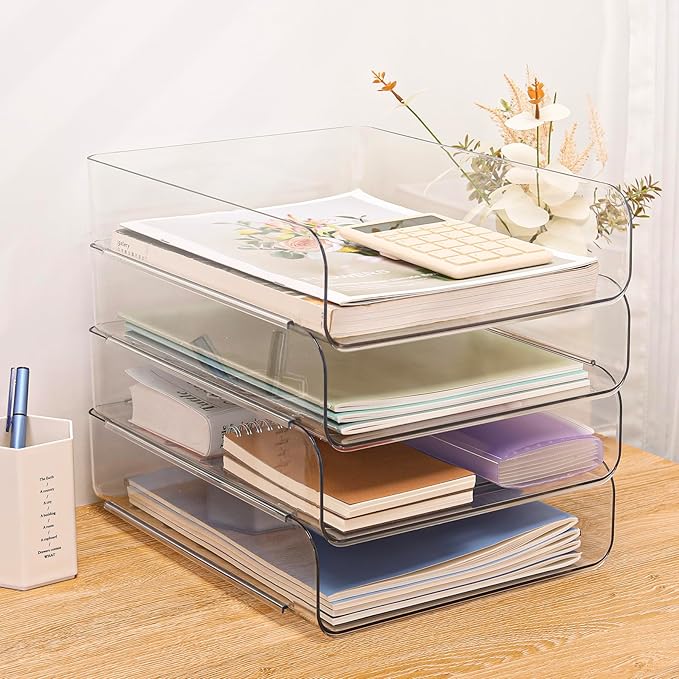 Set of 4 Office Organization and Storage, Clear PET Letter Tray Desk Organizer, Stackable Document and File Paper Organizer for Office Supplies