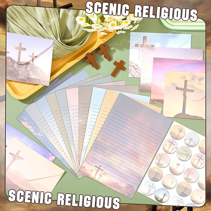 TaoBary 160 Pcs Stationery Paper Set 50 Double Sided Stationery Papers with 50 Matching Envelopes and 60 Round Dot Sticker, 10 Design(Religious Letter with Cross,5.5 x 8.25 Inch)