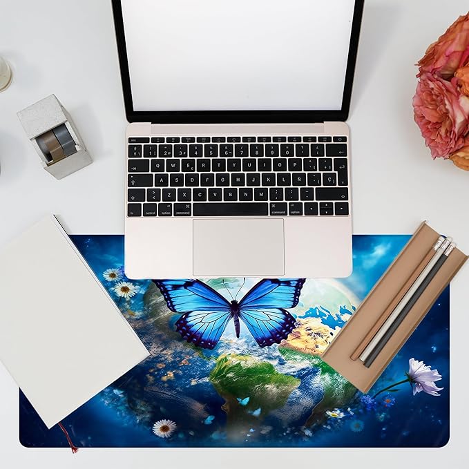 Desk Mat, Earth Surrounded by Flowers Desk Pad, Blue Butterfly Large Gaming Mouse Pad, 31.5"x15.7", Extended Big Computer Keyboard Mouse Pad with Non-Slip Base and Stitched Edge