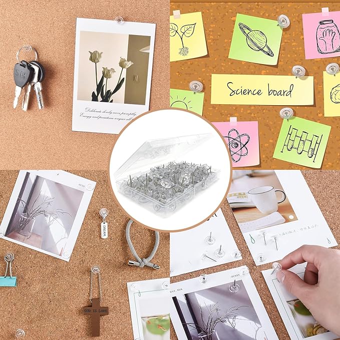 150 Pack Clear Push Pins Tacks, Flat Head Thumbtacks for Bulletin Board, Cork Board, Shadow Box, Wall Hanging – Heavy Duty Plastic Head with Steel Point in Reusable Storage Box