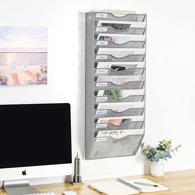 PAG Hanging Wall File Holder Organizer Mail Sorter Literature Rack for Office, 10 Pockets, Silver