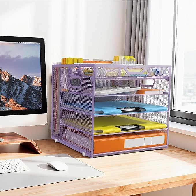 Docnest 5 Tier Letter Tray with Hanging File Organizer-Mesh Desk Organizer-Desktop Storage Box Built in Pen Holder and Handles, File Folder Holder for Mail Documents Office Supplies-Purple