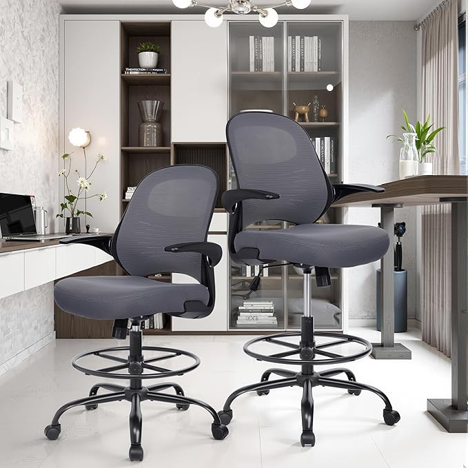 HYLONE Tall Drafting Chair Standing Desk Chair with Flip-Up Armrests, Adjustable Height Ergonomic Office Chair with Footrest Ring - High Stool Chair for Standing Desk (Dark Grey)