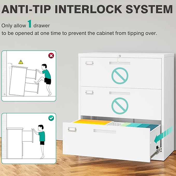 SISESOL 3 Drawer Lateral File Cabinet with Lock,White Lateral Filing Cabinet,Horizontal Metal Filing Cabinets,Locked Wide Three Drawer File Cabinets for Office Home,Fit A4/F4/Letter/Legal File