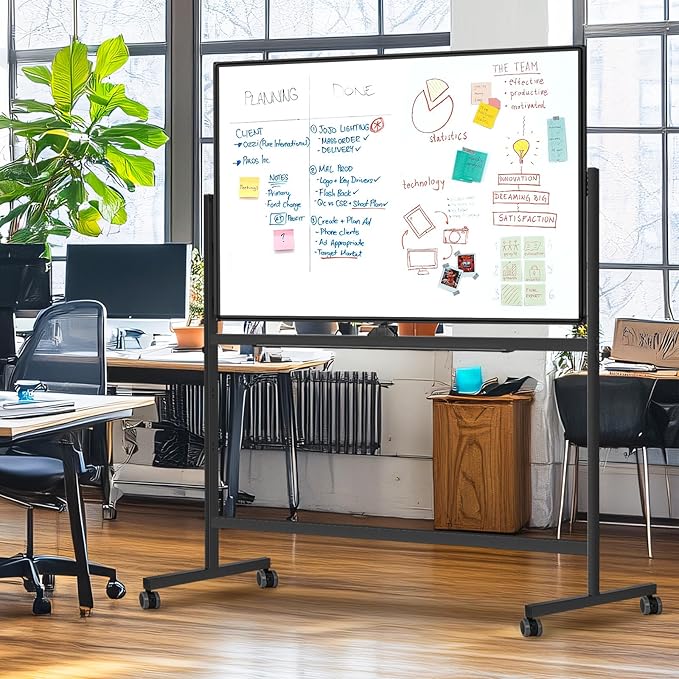 Large Rolling White Board, 48x36 in Double-Sided Mobile Whiteboard, maxtek Reversible Magnetic Dry Erase Board Easel Standing Whiteboard on Wheels School Supplies for Classroom Office and Home, Black