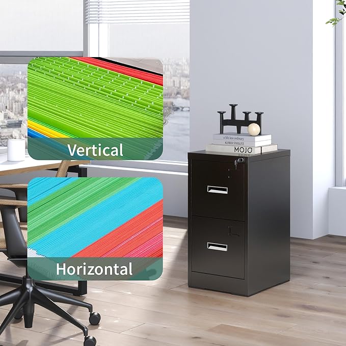 2 Drawer File Cabinets with Lock, Black Vertical Filing Cabinet for Home Office, Heavy Duty Metal Storage Cabinets Office Steel Cabinet for Letter Legal Size Files, Assembly Required