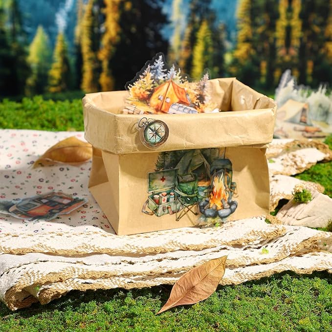 Forest Journey Camping PET Stickers, 120 Pcs Outdoor Adventure Ephemera for Scrapbooking, Journaling, DIY Crafting, and Art Supplies