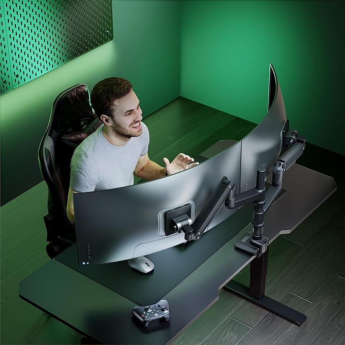 WALI Dual Monitor Arm for 17''-49'' Curved Screens, Ultrawide Monitor Mount for Desk, Heavy Duty Monitor Stand Holds up to 44lbs Each Arm, Max 100x100mm Mounting Holes (GSDM002XL), Black