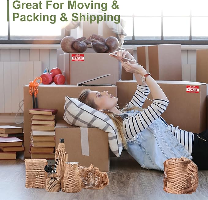 Honeycomb Packing Paper for Moving, 12 Inch x 50 Feet with 20 Fragile Stickers, Honeycomb Wrapping Paper Protective Shipping Supplies for Moving and Storage