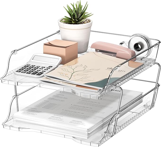 Simple Houseware 2-Tier Clear Stackable Letter Tray Organizer – Desktop File Holder for A4/Letter Size Paper, Document Sorter, Office Desk Paper Organizer, Transparent File Storage