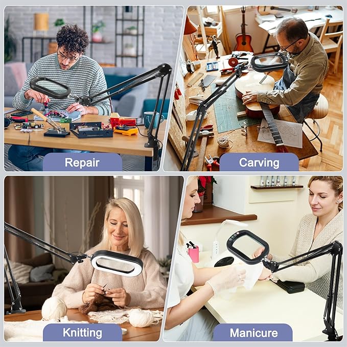 10X Rectangle Magnifying Glass with Light and Clamp, 5 Color Modes Stepless Dimmable, Lighted Magnifier with Stand Hands Free, Flexible Swing Arm LED Desk Lamp for Close Work, Craft, Reading, Painting