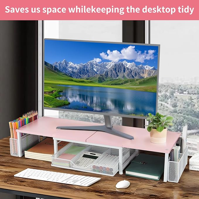 Desk Dual Monitor Stand Riser - Desk Organizer with Drawer and Pen Holders, Office Desk Accessories & Workspace Organization, Computer Monitor Stand for Laptop, Printer(Pink& White)