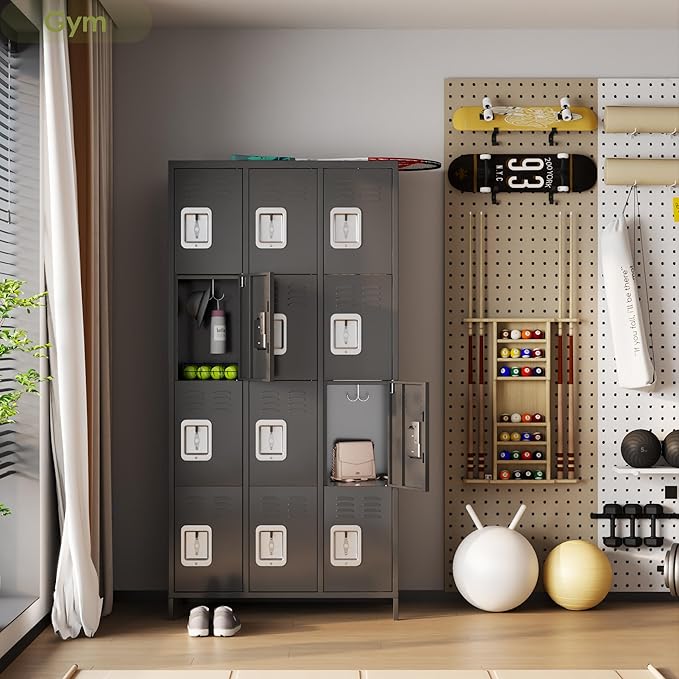 Metal Lockers for Employees with 12 Door and 12 Hooks,Metal Storage Locker with Lock for School Office Gym Bedroom,Assembly Required,Dark Grey