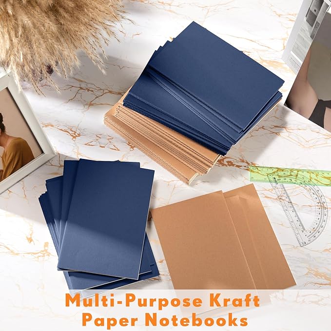 Mimorou 100 Pcs Kraft Notebook Journals 5.5 Inch x 8.3 Inch A5 Softcover Notebooks Bulk for Writing Sketch Office Notepad with 60 Pages 30 Sheets(Brown, Navy,Lined)