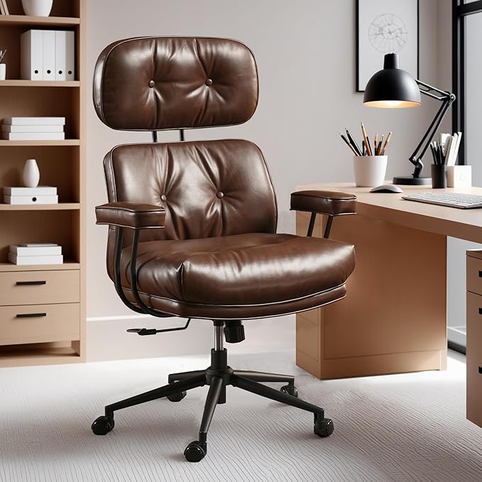 ovios Home Office Chair, Mid-Century Modern Faux PU Leather Chairs with Lumbar Support Comfy Thick Cushion, High Back Ergonomic Swivel Rolling Executive Armchair (Dark Brown, PU Leather)