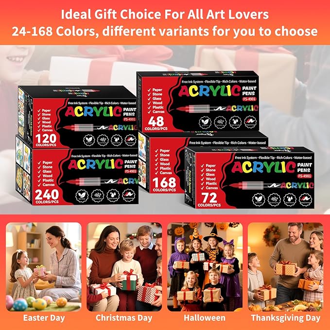 240 Colors Acrylic Paint Markers, Soft Brush Tip Acrylic Markers Set, Paint Pens for Wood, Fabric, Canvas, Glass, Stone, Canvas, Rock Painting and DIY Crafts Art Supplies