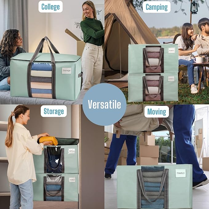 VENO 2 Pack Moving Bags, Moving Supplies, Moving Boxes, College Packing Storage Boxes with Lids Alternative, Heavy Duty Totes, Extra Large, Sturdy Handles, Zipper (Light Green with Window, 2 Pack)