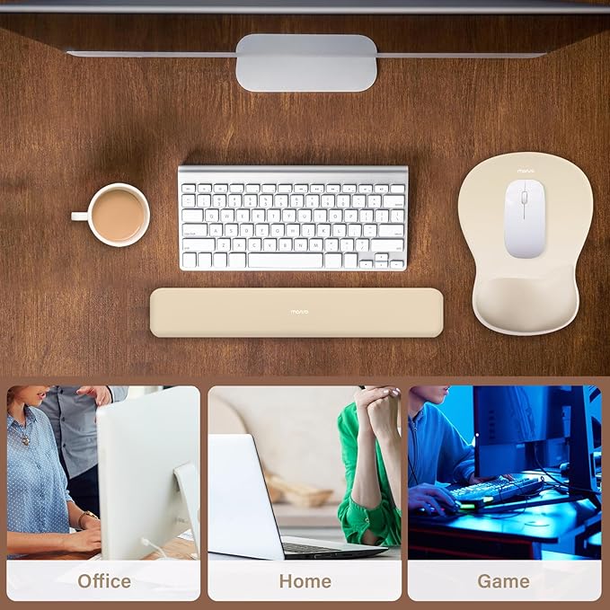 MOSISO Wrist Rest Support for Mouse Pad&Keyboard Set, Ergonomic Mousepad with Concave Curved Memory Foam, Non-Slip Base Pain Relief Comfortable Rectangular Easy Typing Pad for Home/Office, Khaki