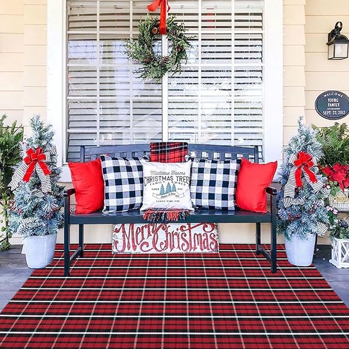Buffalo Plaid Outdoor Rug 4' x 6' Christmas Door Mat Christmas Decor Welcome Rug Cotton Hand-Woven Layered Door Mats for Front Porch, Kitchen, Farmhouse, Entryway
