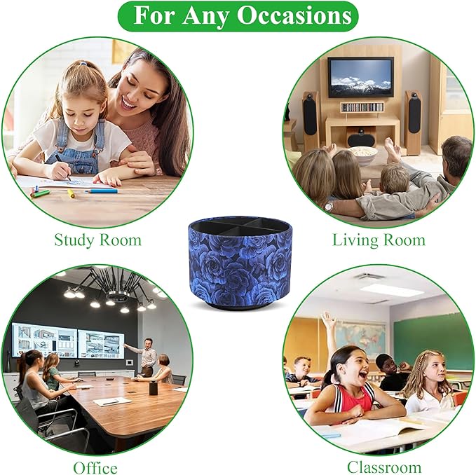 QIELIZI Round Leather Art Supply Organizer,Remote Control Holder,360 Degree Rotating,Multi-Functional Pencil Holder,4 Compartments Desktop Stationary Organizer(1-3D Rose Blue)