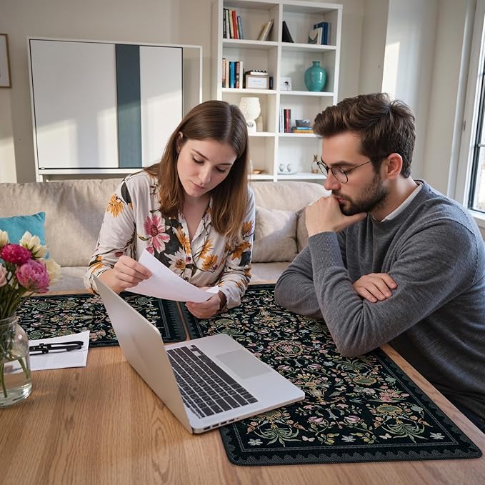 iCasso Large Desk Mat Black,Big Mouse Pad with Stitched Edges,Aesthetic Computer Pad for Desktop,Anti-Slip Keyboard Mat for Women,Floral Desk Cover Protector Work from Office Home Dorm