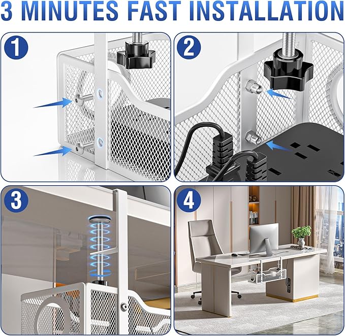 Under Desk Cable Management Tray - GZOKMOG No Drill Cord Organizer with Clamp, Workspace Organizers for Cords, Metal Mesh Wire Management for Home and Office, 2 Pack White, 13.38 inch
