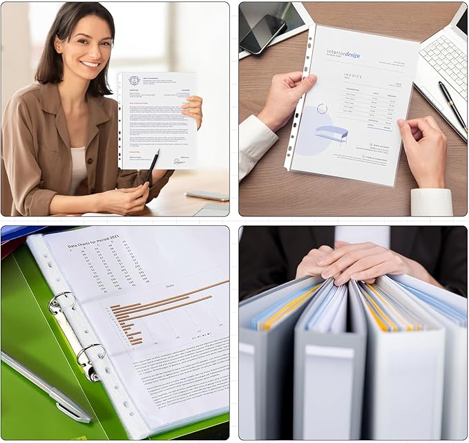 A4 Clear Sheet Protectors 11.89 x 9.17in,80 Punched Pocket with Sticky Tabs,120 Micron Heavy Duty Binder Sleeves 11-Hole Plastic Page Protectors Sheet Top Loaded for 2/3/4 Ring Binder Fits A4 Paper