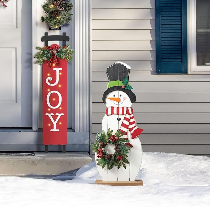 Glitzhome 36" H Wood Metal Christmas Snowman Porch Décor with Floral Wreath Standing Snowman Merry Christmas Porch Welcome Sign Holiday Party Outdoor Indoor Xmas Decorations