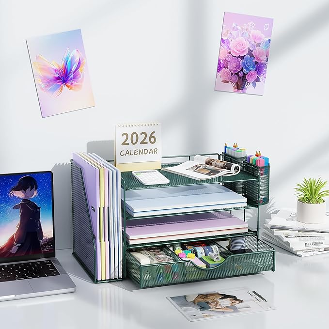 gianotter 4-Tier Desk Organizer with Drawers, File Holders, Letter Trays and Pen Holders - Workspace Accessories for Office Supplies (Green)