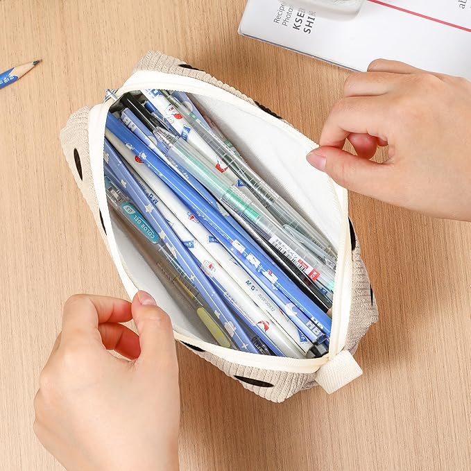 Pencil Bag Pen Case, Soft Corduroy Small Pencil Pouch Organizer with Zipper, Cute Pencil Case Pouch Stationery for Girls and Boys – Dot Beige