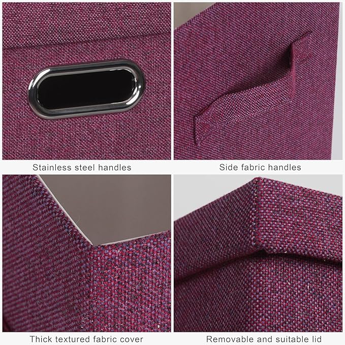 Large 17" 36 Quart Collapsible Stackable Storage Bins with Lids, 3 Packs Purple Linen Fabric Closet Boxes with Lids, Storage Cube Baskets Container Organizers for Bedroom Office (17x12x11)