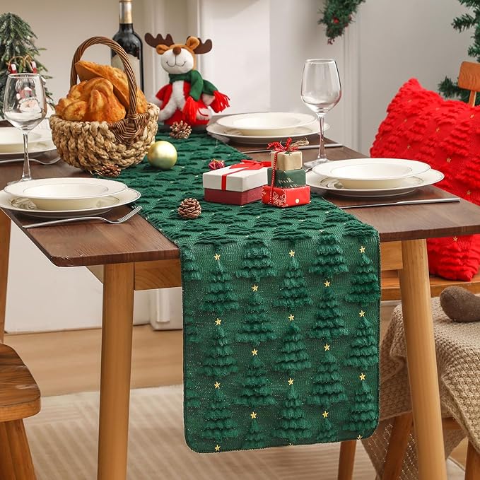 Christmas Table Runner 13x72 Inch, Xmas Trees Star Winter Holiday Decorative Farmhouse Table Decorations for Kitchen Dinning, Indoor Outdoor Dinner Party Decor (Green) 1 Pack