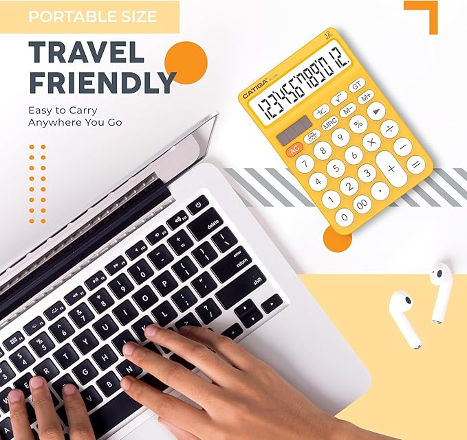 CATIGA 12 Digit Desktop Calculator Basic Desk Calculator with Large LCD Display, Big Buttons, 4 Function, Solar and Battery Dual Power, for Office, School, Home, SD-1292 Yellow