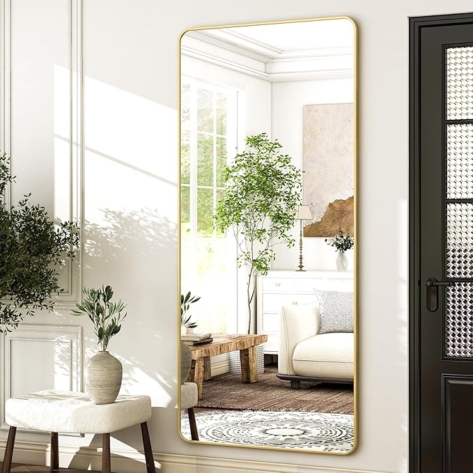 HARRITPURE 71x32 inch Rounded Full Length Mirror Aluminum Frame Gold Mirror Full Length Floor Mirror with Stand for Living Room Bedroom Cloakroom