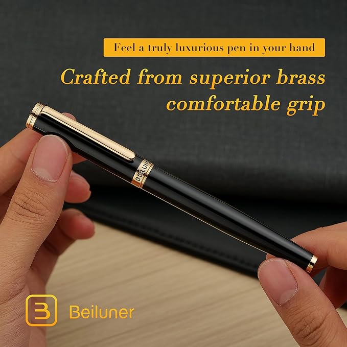 BEILUNER Black Fountain Pen,Stunning Luxury Piano Lacquer,24K Gilded Nib(Medium),Gorgeous 24K Gold Finish,Ink Converter, Gift for Men&Women-Elegant, Reliable, Office, Professional Pens for Writing