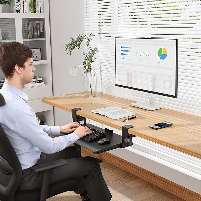 BONTEC KMT01-PJ Under Desk Keyboard Tray, Pull-Out Keyboard & Mouse Platform with C-Clamp, 20 x 11.8 in Space-Saving Ergonomic Slide-Out Drawer, Black