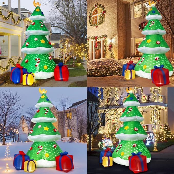 Outdoor Christmas Inflatables Decorations, 8FT Inflatable Christmas Tree with Build in Rolated Snowflake Lights, Blow up Inflatable Tree with Gift Boxes and Moon for Christmas Party Indoor, Outdoor,