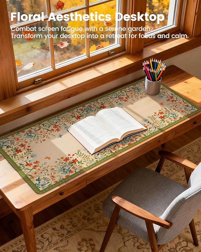 iCasso Desk Cover Mat, Extra Large Floral Mouse Pad,Desk Matt for Desktop Protector, Anti-Slip XXL Big Mousepad with Stitched Edges for Laptop Computer Keyboard(Apricot)