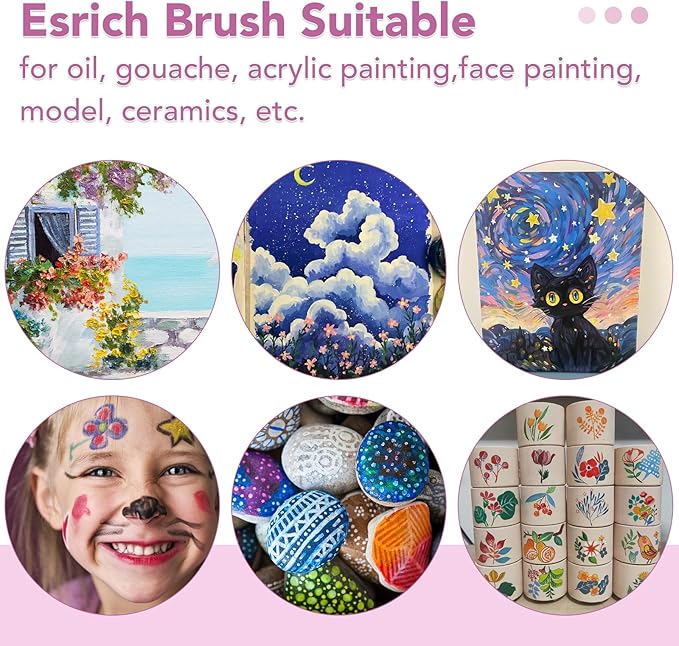 ESRICH Acrylic Paint Brushes Set, 24Packs /240 Pcs, Nylon Brush Head, for Oil Painting, Gouache, Face,Ceramics etc, Kid's and Adults Painting Arts and Crafts Sets.(Pink)