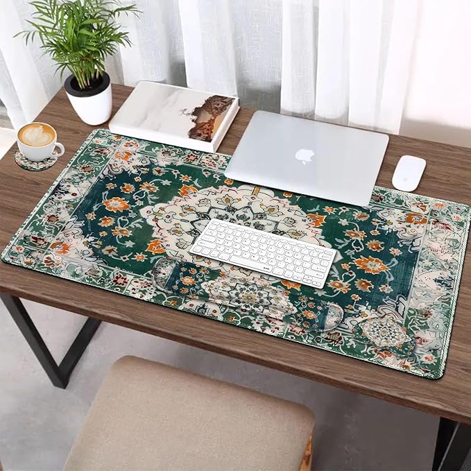 AIMSA Desk Mat Set, Large Mouse Pad + Mouse Wrist Rest + Keyboard Wrist Support + Coaster, 4in1 Rug Gaming Mouse Pad Combo for Home Office, Retro Boho Art