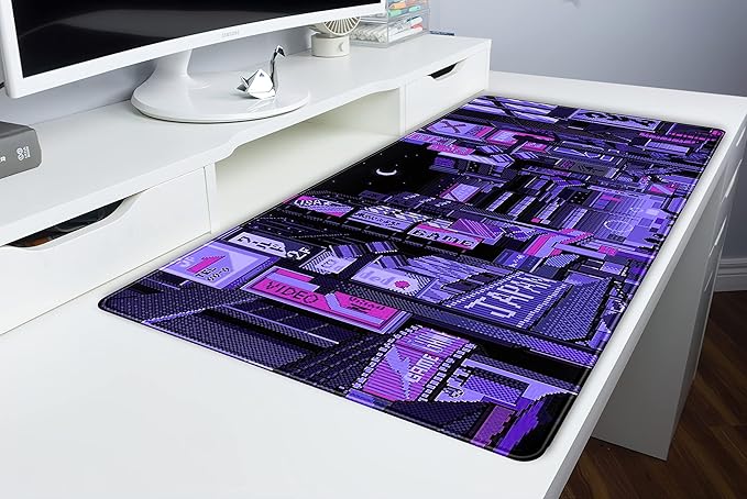 Tokyo Street Desk Pad Purple, Cute Retro Large Gaming Mouse Pad, Japanese Anime Laptop Keyboard Mouse Mat XXL, Aesthetic Neon Pixel Skyline/City Desk Mat, Desk Decor Pads for Women 31.5"x15.75"