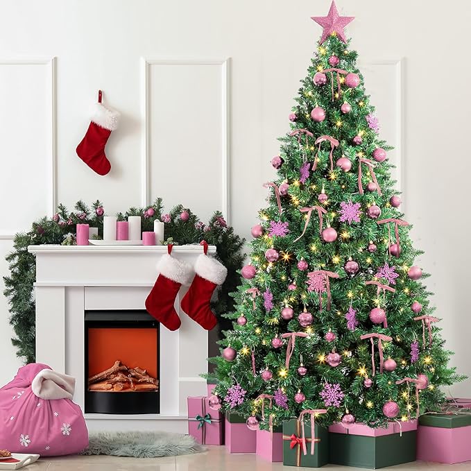 86Pcs Led Light Pink Christmas Tree Decorations Set 100 Led Light Christmas Star Trees Topper with String Lights Xmas Balls Snowflakes Ornaments Bows Xmas Trees Decor 20m Light String