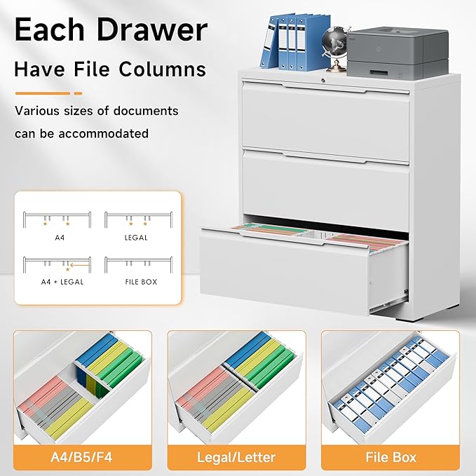 Bestoo Lateral File Cabinet with Lock, 3 Drawer Lateral Filing Cabinet for Office Home, Locking Metal Steel Wide for Hanging Files Letter/Legal/F4/A4 Size, Easy Assemble White